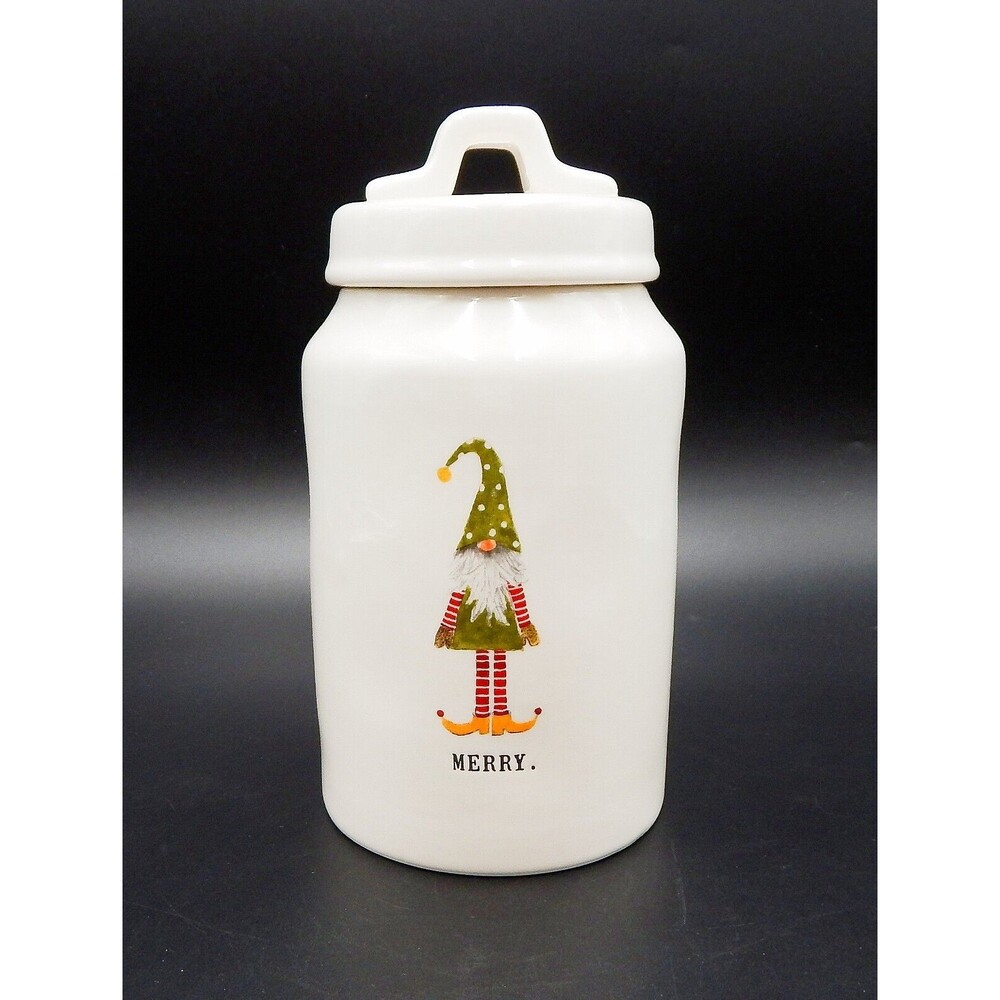 Rae Dunn Christmas Holiday MERRY Gnome 8 Inch Tall Ceramic Canister Coffee Sugar